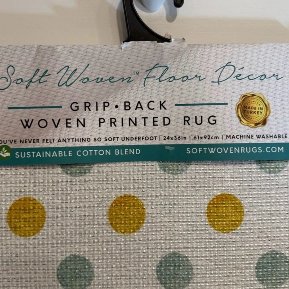 Great Finds Lemon Polka Dot Rug 2x3 Grip Back Washable Yellow White Teal NWT